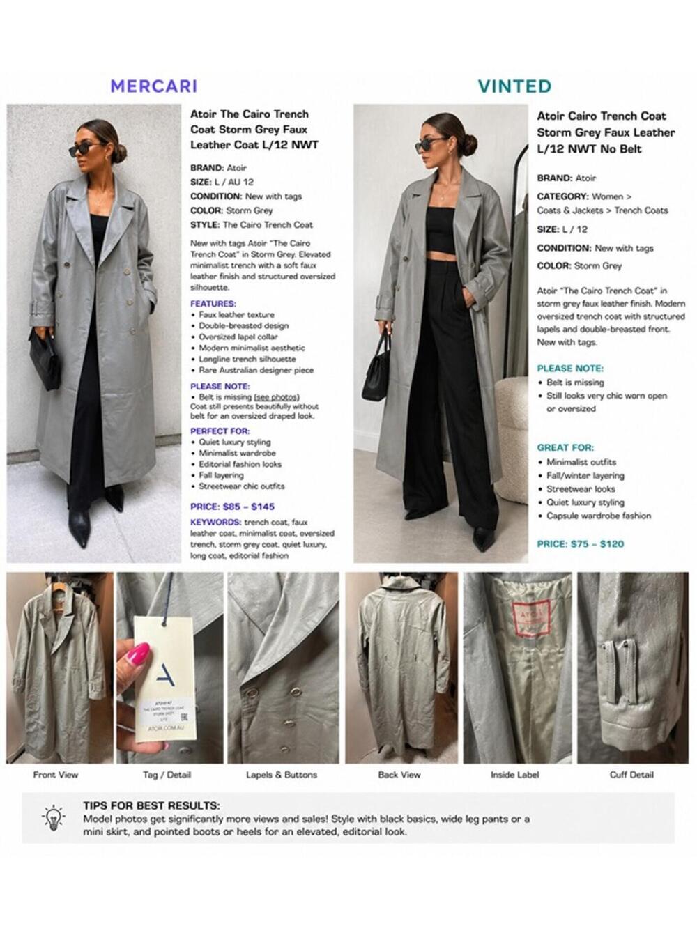 Atoir Cairo Trench Coat Storm Grey Faux Leather L/12 NWT No Belt